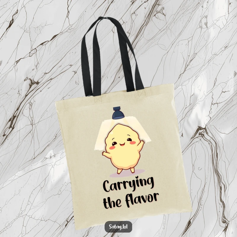 Funny satay character dancing energetically under a spotlight, featured on a sturdy tote bag, making grocery runs a blast.