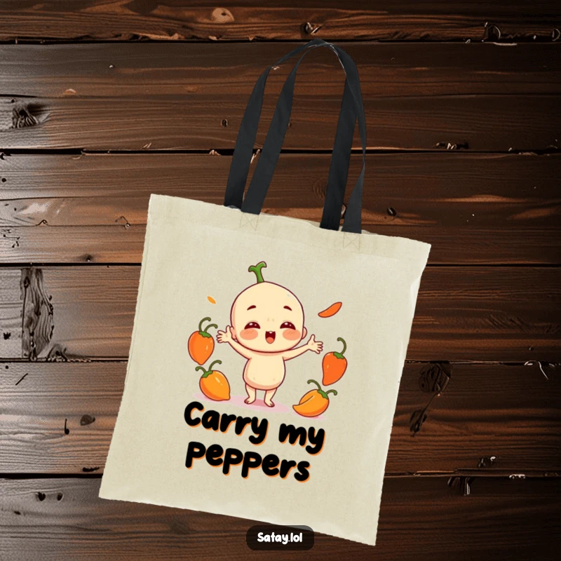 Funny Satay Character Tote Bag: A playful satay juggles three small, round chili peppers, making a humorous and practical accessory.