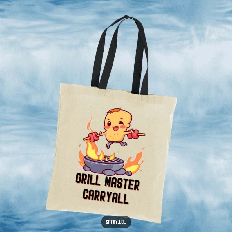 Funny satay skewer character mid-jump over a fiery grill, printed on a durable and humorous tote bag.
