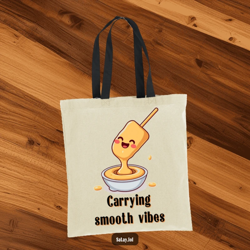 Funny satay skewer peanut sauce tote bag, a happy skewer sliding down peanut sauce, great for groceries and sauce enthusiasts.