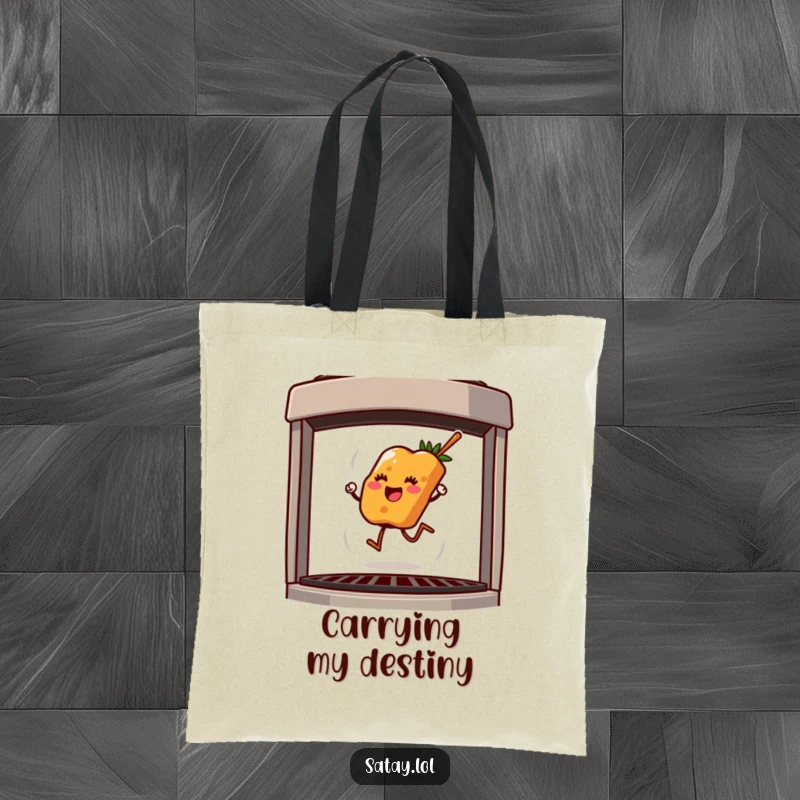 Funny tote bag with a delightful satay skewer hopping on a grill, perfect for carrying groceries with a smile.