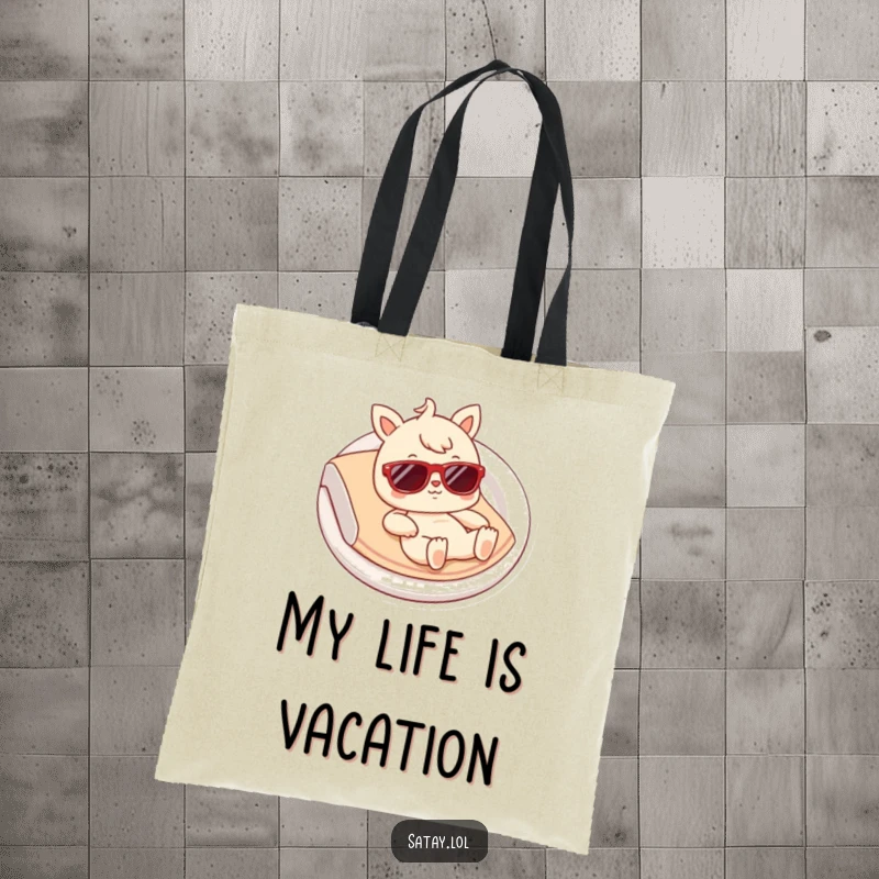 Funny Satay Tote Bag: Featuring a satay character with tiny sunglasses lounging on a plate, perfect for humorous everyday use.