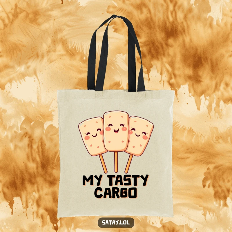 Funny tote bag with a smiling satay skewer winking, perfect for grocery shopping and food lovers.