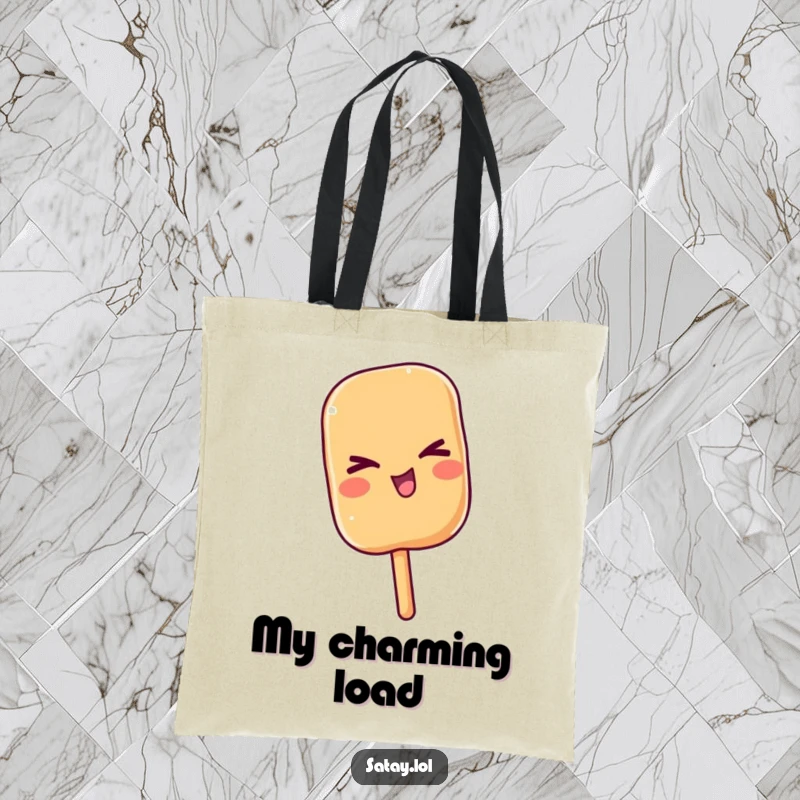 Funny satay skewer giving a playful wink on a durable tote bag, perfect for carrying items with a hint of mystery.