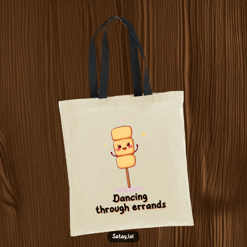 Funny tote bag depicting a satay skewer performing a fun, energetic shimmy dance.