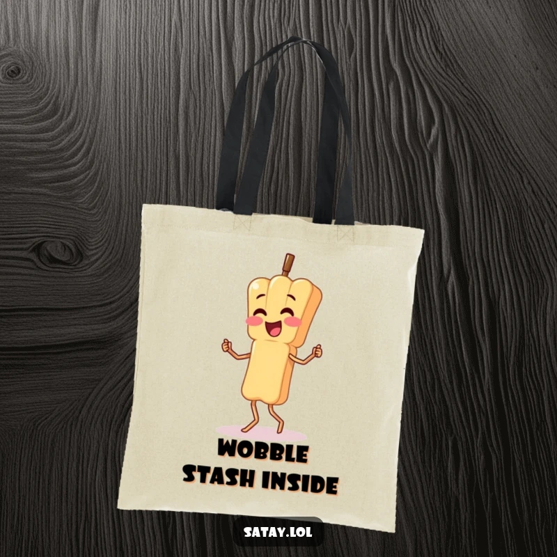 Funny tote bag with a satay skewer character doing a silly, wobbly dance; perfect for carrying essentials and good vibes.