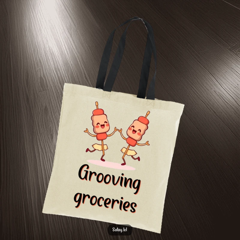 Funny tote bag with happy satay skewers doing a synchronized dance, perfect for shopping and food lovers.