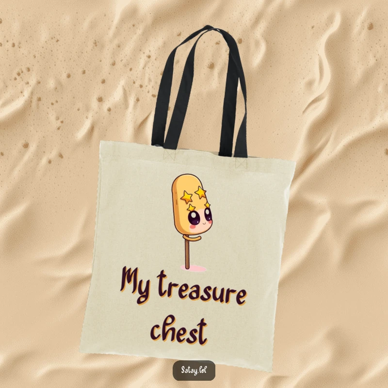 Funny Satay Skewer Tote Bag showing a character with starry eyes adoring a giant peanut, ideal for carrying snacks.
