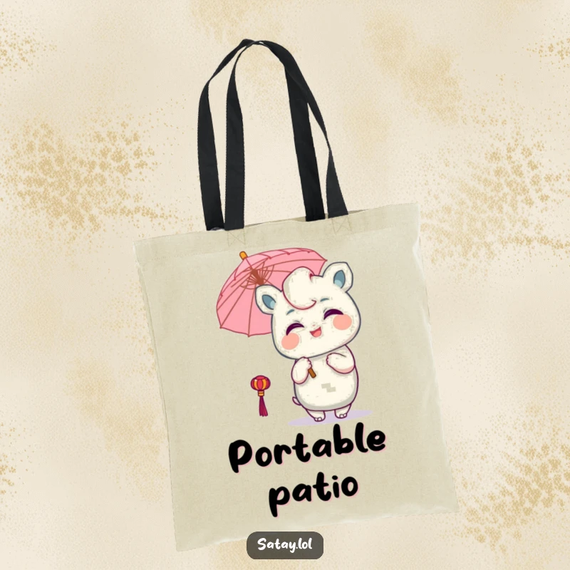 Funny Satay Character Tote Bag: A delighted satay winks playfully, holding a tiny umbrella, showcasing a humorous and practical accessory.