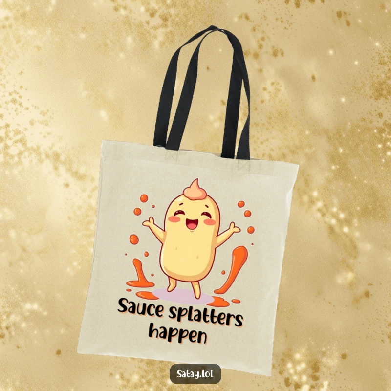 Funny satay tote bag displaying a happy satay character doing a little dance with sauce splatters around, ready for errands.