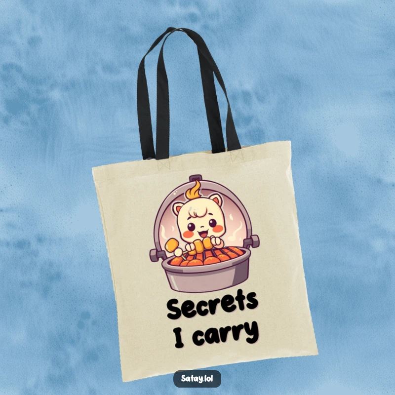 Funny Peeking Satay Skewer Tote Bag featuring a skewer character peeking from behind a grill graphic, perfect for carrying essentials with humor.